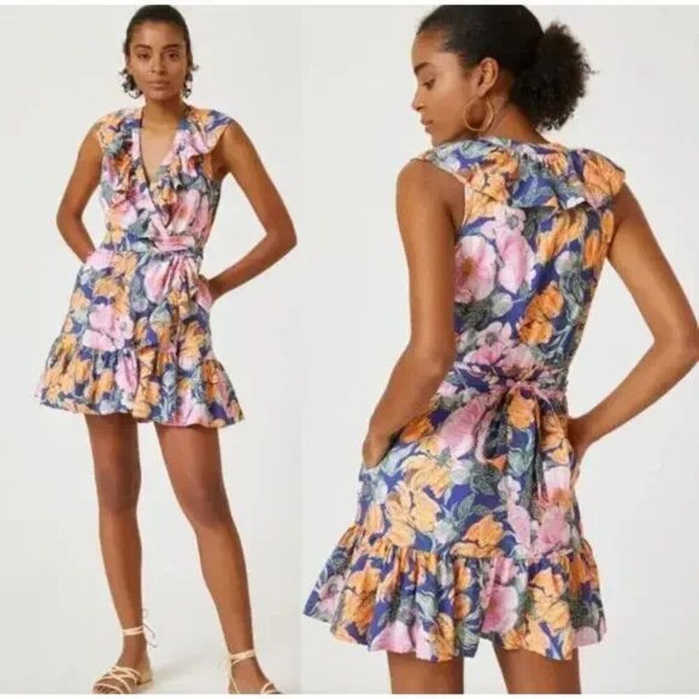 Anthropologie Floral Ruffle Mini Dress in Blue, Pink, Yellow